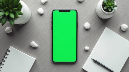 Flat-Lying Smartphone with Vivid Green Display on Concrete Surface