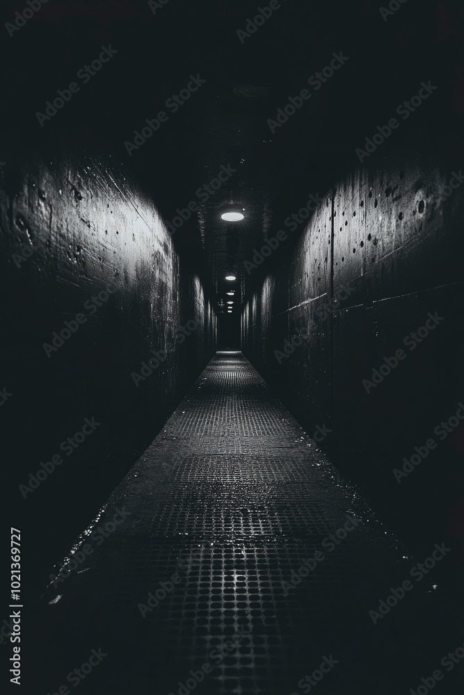 Wall mural a dark, narrow hallway with a gridded floor and overhead lights