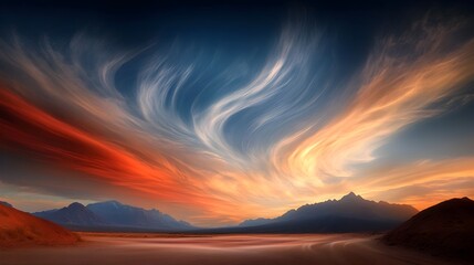 Mesmerizing iridescent clouds shimmering in the serene mountain vista with wispy tendrils of vibrant hues creating an ethereal and captivating natural wonder