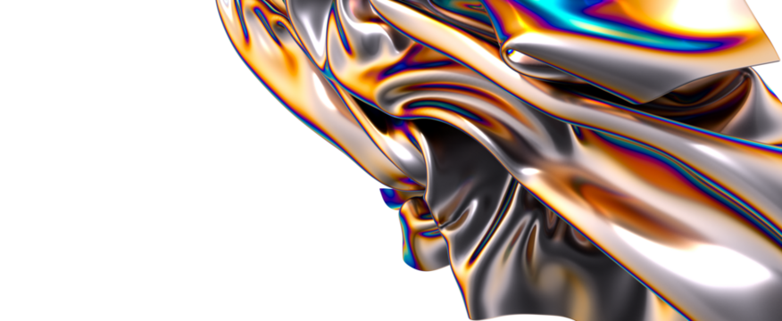 A vibrant iridescent fabric flows and drapes in a graceful wave