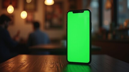 Mobile Phone with Bright Green Screen Standing on Wooden Table