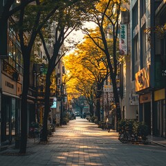 Autumn Street Scene in Japan with Golden Leaves