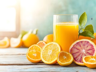 Naklejka premium A stunning still life composition featuring a glass of freshly squeezed orange juice accompanied by vibrant slices of citrus fruit