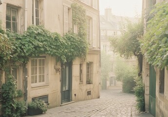 Naklejka premium an empty street in Paris, cobblestone road with green plants on the buildings and windows, muted pastel colors Generative AI