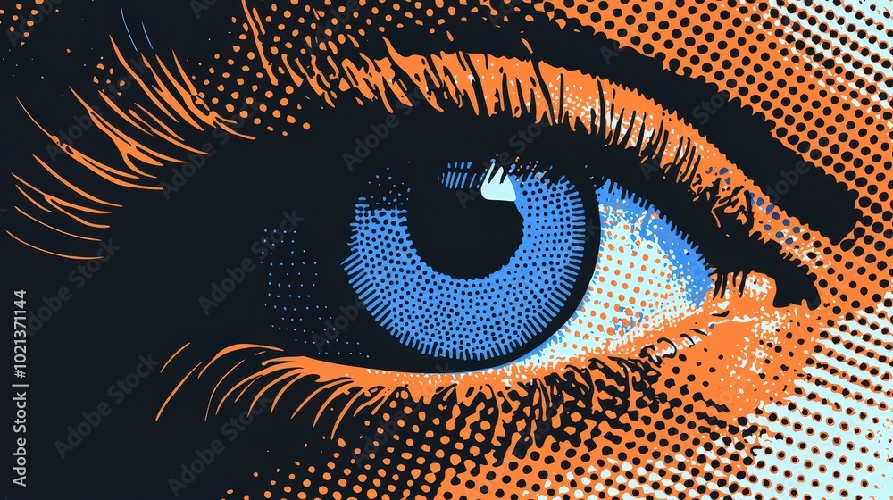 Poster a striking artwork showcases a close-up of a blue eye, surrounded by intricate patterns in orange an