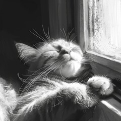 A cat is sleeping on a window sill