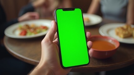 person's hand holding smartphone with a bright green screen