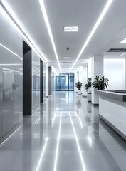 Obraz premium Modern Office Building Hallway with Glass Windows and White Walls