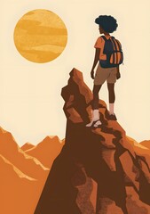 Naklejka premium Woman with Backpack Standing on Mountaintop