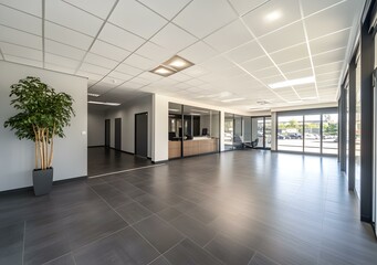 Fototapeta premium Modern Office Building Interior Design with Gray Floor Tiles