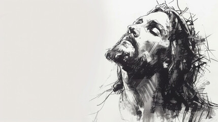 Fototapeta premium Sketch of Jesus Christ on white background with copy space.