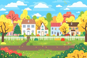Colorful Autumn Houses Landscape Illustration