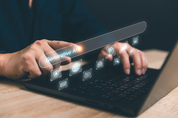 Concept of artificial intelligence (AI) and futuristic digital technology. Man using application to generative AI contents, story, images. Chat with smart robot AI and command prompt input on website