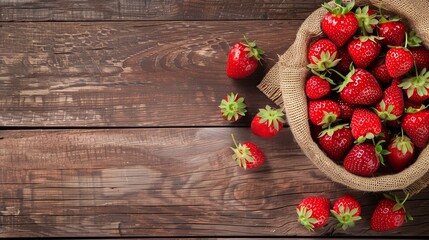 Fresh strawberries on a rustic wooden table, natural light, ample copy space