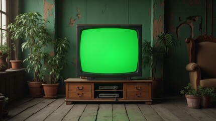 Vintage Console Television with Green Display on Worn Wooden Floor in a Cozy Rustic Setting