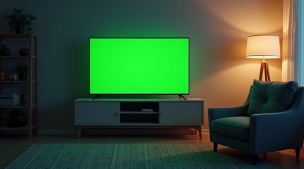 Warmly lit living room at night with a flat-screen TV showcasing a vibrant green screen