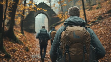 Obraz premium A group of friends hiking through a mysterious forest, discovering an ancient ruin covered in vines, adventure and exploration, teamwork and discovery