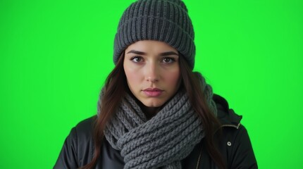 Young woman with olive skin and dark hair, stylishly dressed in a gray knit scarf and a dark gray beanie