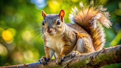 Obraz premium A Curious Squirrel Perched on a Branch, its Eyes Sparkling with Intelligence, and its Bushy Tail a Statement of Playfulness.