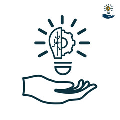 Idea icon. light bulb on hand, business idea. outline design style. strategy, innovation, solution, education logo. vector design template