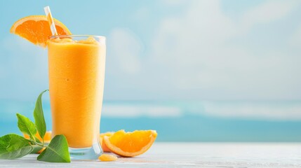 Obraz premium A vibrant orange smoothie with a beach setting