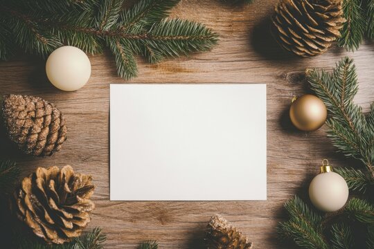 Christmas blank card on a rustic desk. White greeting card flay lay, top view with holiday decorations. Frame note mock up with space for text. Empty paper sheet. Seasons greetings. Template. Business