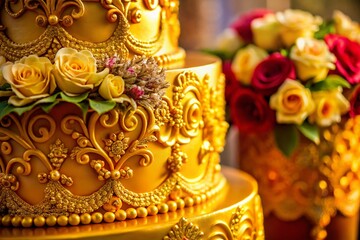 Fototapeta premium Elegant Gold Wedding Cake with Intricate Decoration for Stunning Wedding Reception and Celebration Inspiration Ideas