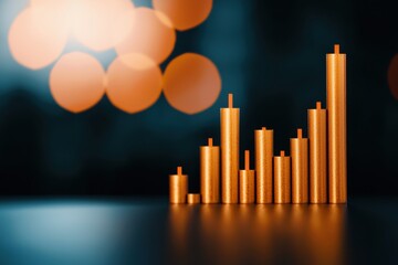 Fototapeta premium Golden bar chart on a reflective surface with bokeh background.