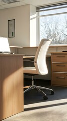Modern Office Desk with White Chair and Window View