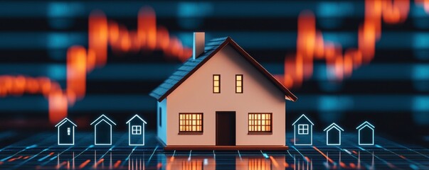 Model house on a digital background representing real estate market trends.