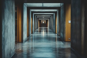 Long, Narrow Concrete Corridor With a Doorway at the End