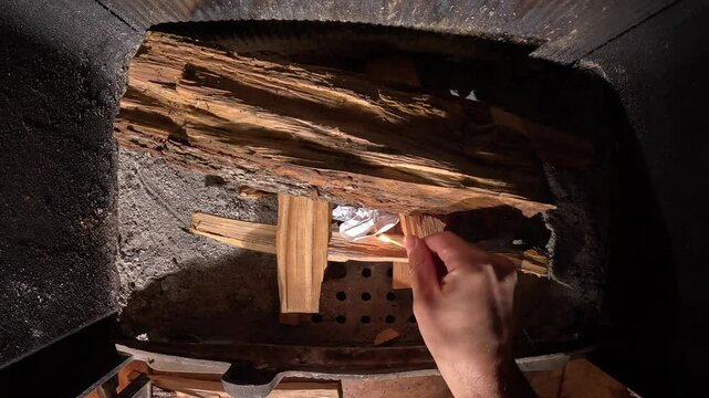Lighting kindling in a cozy fireplace for a warm winter atmosphere