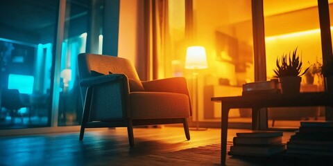 A cozy corner with a vintage armchair, a rustic wooden coffee table, and warm ambient lighting, surrounded by books and plants for a lived-in, comfortable feel