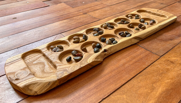 Handcrafted Wooden Mancala board with Colorful Stone Seeds - A boardgame of Arab, Muslim, African, and Asian Heritage Spread Through Migration