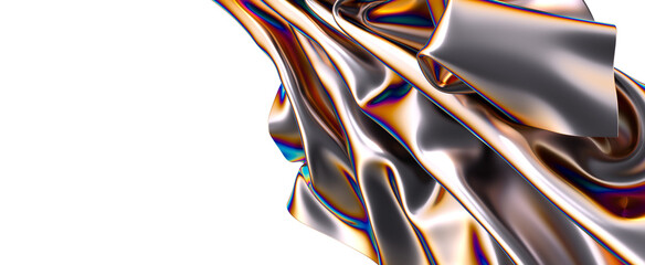 A vibrant iridescent fabric flows and drapes in a graceful wave