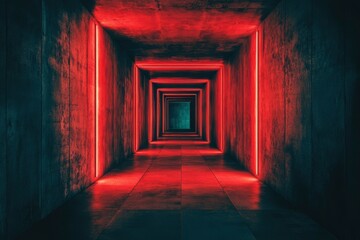 Red Neon Lights Illuminate a Long, Dark Corridor