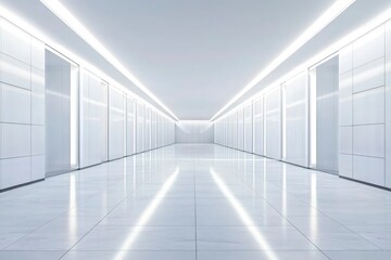 Bright, White Corridor with Gleaming Marble Floor and Recessed Lighting