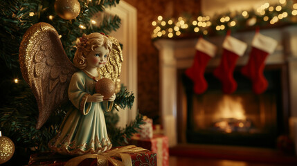 Fototapeta premium Christmas angel figurine holding a golden ornament, standing by a beautifully decorated tree in a cozy living room with stockings and a glowing fireplace. Image made using Generative AI