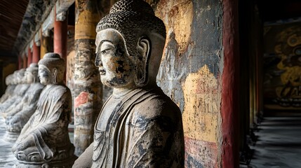 Ancient Buddha Statues Inside a Temple Hall