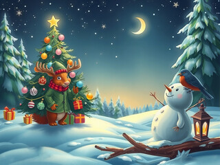 Obraz premium The image depicts a festive winter scene with a decorated Christmas tree, a snowman, a bird, and a lantern, all set against a starry night sky.