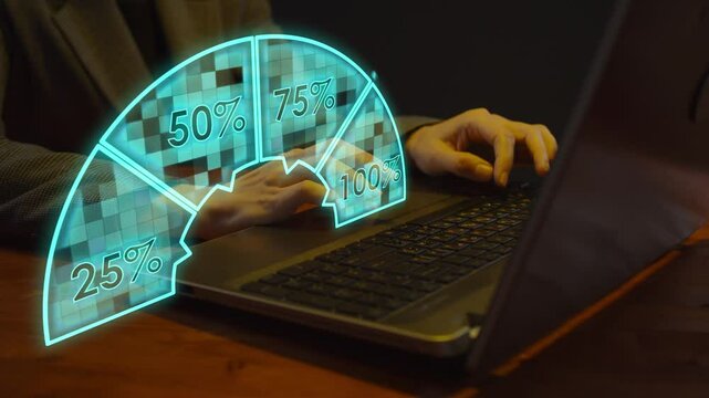 Animated pie chart showing 100 percent loading against the background of an unrecognizable woman working on a laptop in the dark. Concept of completing a task. cg