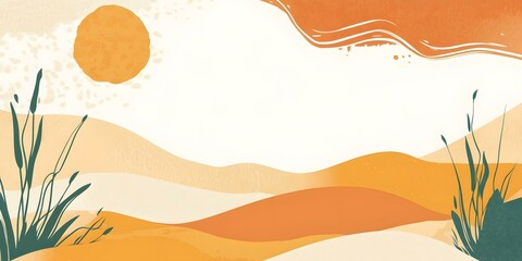Abstract Minimalist Landscape with Green Plants and Orange Hills