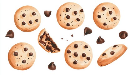 Obraz premium Soft watercolor chocolate chip cookies, ideal for illustrating sweet treats, cozy home decor, or baking-related designs
