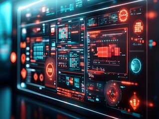 Fototapeta premium Futuristic Logistics Command Center Orchestrating Global Freight Movement with Real Time Analytics on Massive Screens Sophisticated User Interface and Minimalist Industrial Design