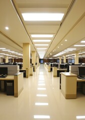 Modern Office Interior Design With Long Corridor And Desks