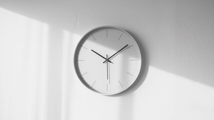 Minimalist White Wall Clock with Sunlight and Shadow