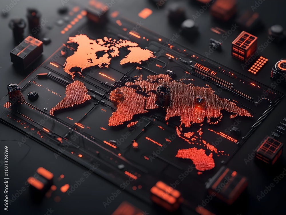 Poster detailed digital world map highlighting intricate container shipping networks and global commerce pa