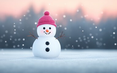 Fototapeta premium Snowman with pink hat, snowy background, soft focus, winter atmosphere.