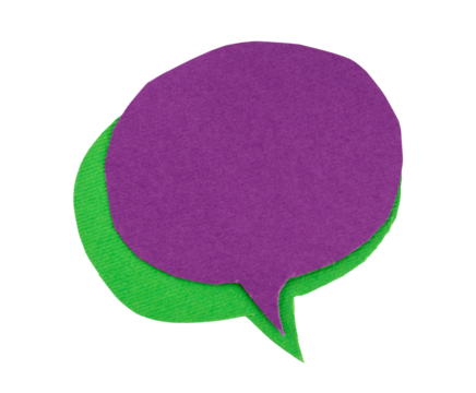 purple and green paper speech bubble element, sign, label, banner, speech bubble isolated on a transparent background, grunge textured graphic element