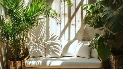 White Sofa and Tropical Plants in a Sunny Patio